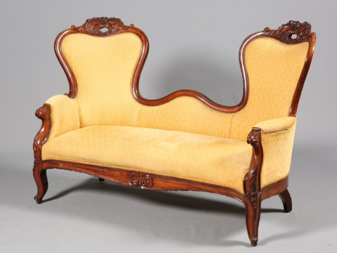 A GOOD VICTORIAN MAHOGANY AND UPHOLSTERED DOUBLE CHAIR BACK SETTEE, each...
