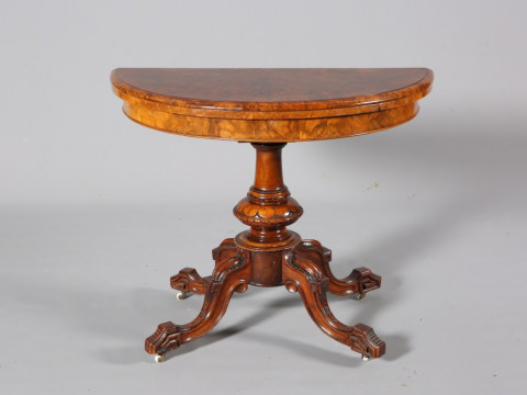A FINE VICTORIAN BURR WALNUT FOLDOVER DEMILUNE CARD TABLE, CIRCA 1870,...