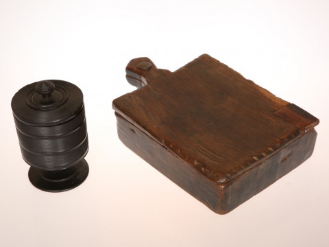 A COUNTRY ELM SPICE BOX, with sliding cover revealing a five-section interior,...