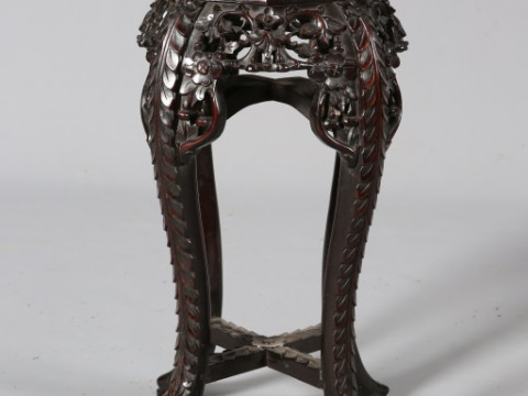 A CHINESE MARBLE INSET JARDINIERE STAND, CIRCA 1900, the octagonal top...
