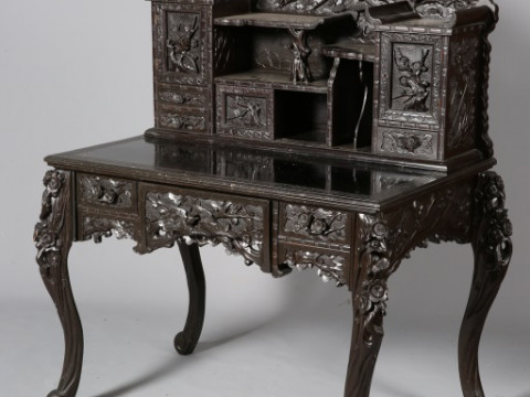 A CHINESE LACQUERED DESK, with superstructure with cupboards and compartments,...