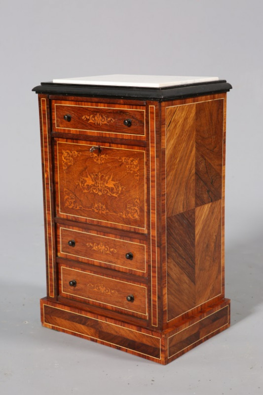 A 19TH CENTURY INLAID ROSEWOOD AND MARBLE TOPPED MINIATURE SECRETAIRE ABBATANT, with a drawer over a fall-front above two drawers, raised on a plinth base. 47cm by 30cm by 21cm