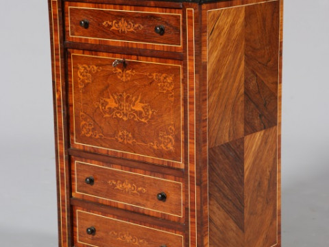 A 19TH CENTURY INLAID ROSEWOOD AND MARBLE TOPPED MINIATURE SECRETAIRE...