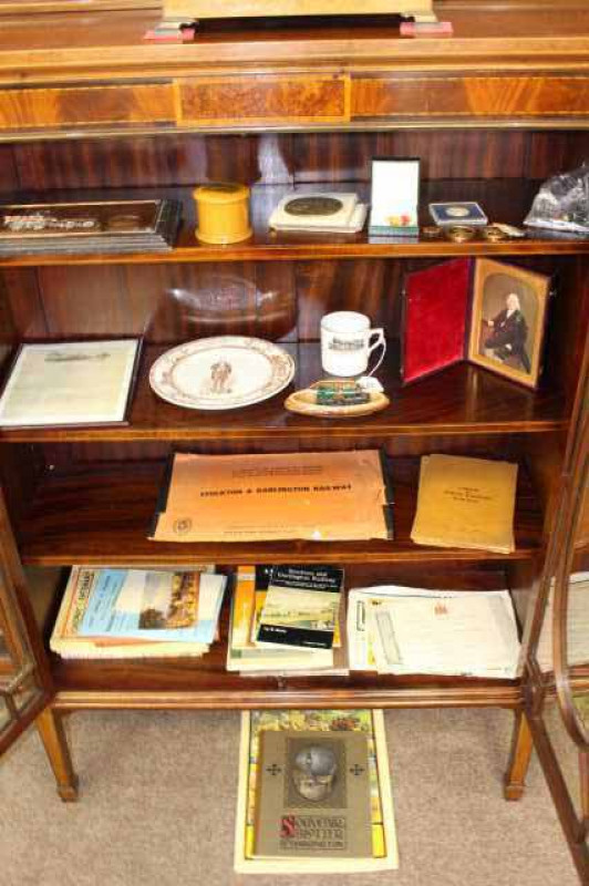 DARLINGTON & STOCKTON RAILWAY INTEREST A COLLECTION OF ITEMS, including a rare Railway Jubilee Commemoration plate by J. Wardle, Middlesbrough; Mauchline Ware 'Stephensons Engine, Darlington' box; cased watercolour portrait of Edward Pease, ephemera, etc.