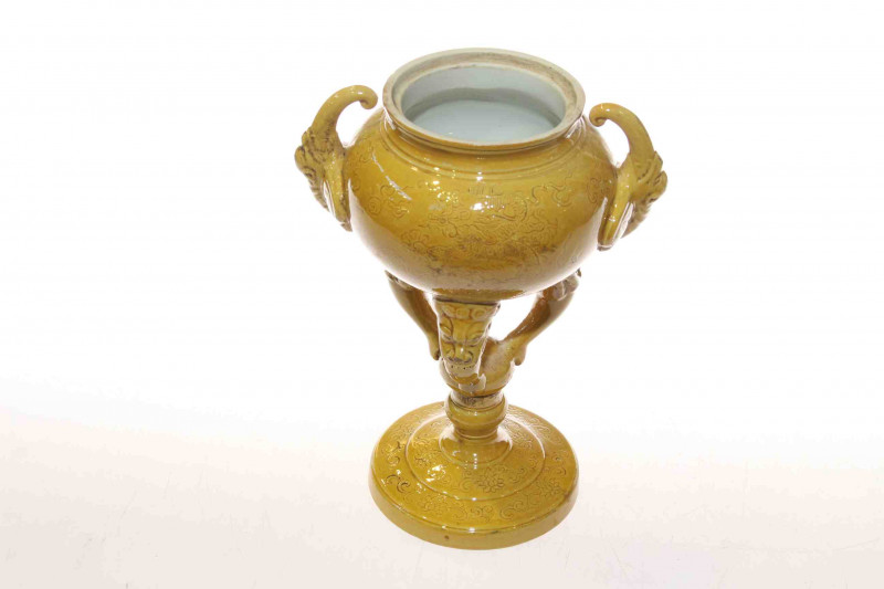 Chinese ochre glazed censer, decorated with dragons and flaming pearls, 18cm high