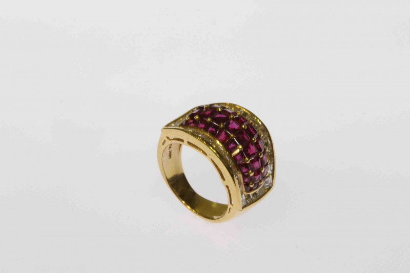 18 carat gold, ruby and diamond ring, size K