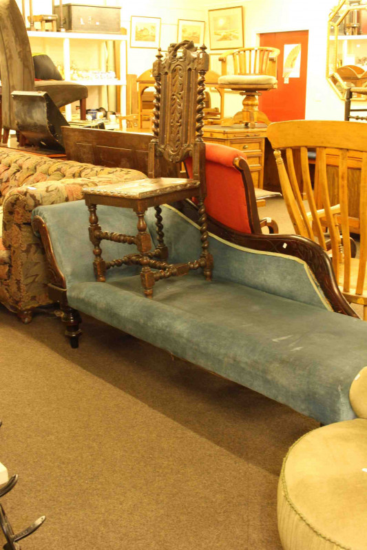 Late Victorian turned leg chaise longue, late Victorian tub armchair and Victorian carved oak hall chair (3)