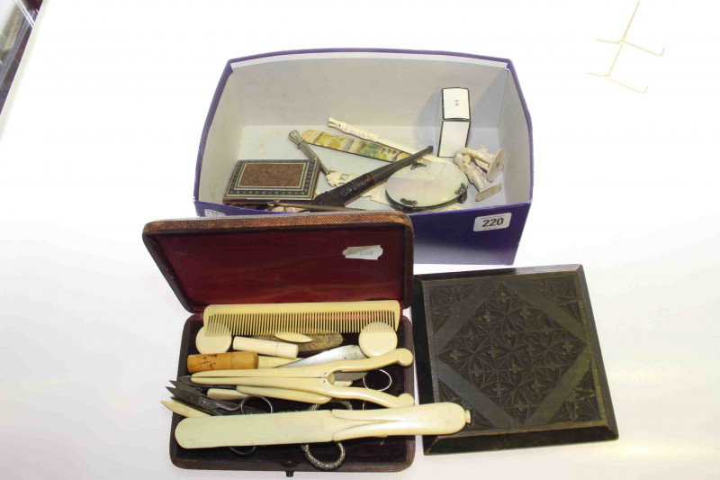 Small ivory items, silver handled button hook, etc