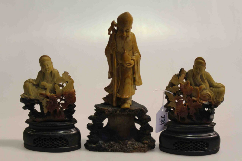 Three Oriental figure soapstone carvings