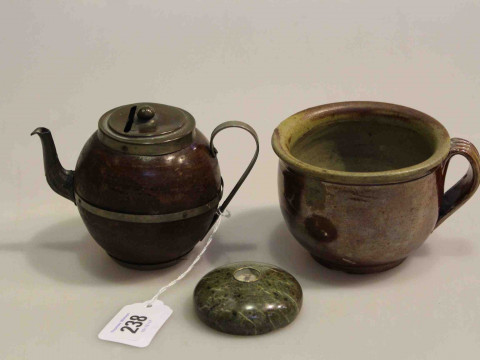 Granite compass, teapot money box, and stoneware pot (3)