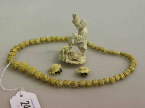 Carved ivory bead necklace, earrings and small carving (3)