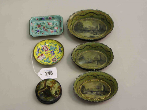 Five small antique decorated dishes, two enamel and three hand painted...