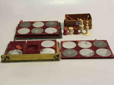 Ivory chess pieces and collection of scientific medallions