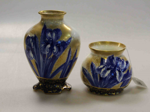 Two Royal Doulton flow blue and gilded iris vases, tallest 18cm