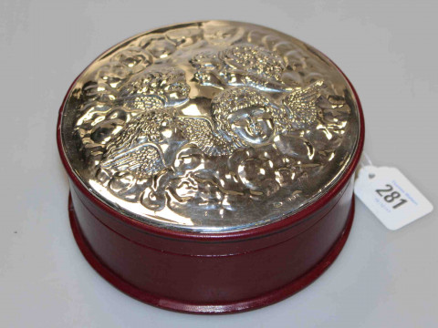 Silver mounted leather circular box, Birmingham 1992, 16cm wide
