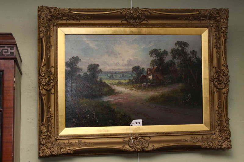 A*** Perrin, Farmstead, signed oil on canvas, 39.5cm by 59.5cm, in gilt frame