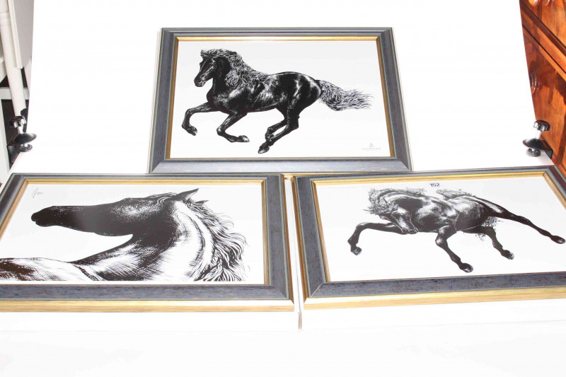 Three Royal Crown Derby black and white horse plaques, boxed
