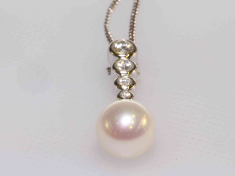 18 carat gold, cultured pearl and diamond drop pendant