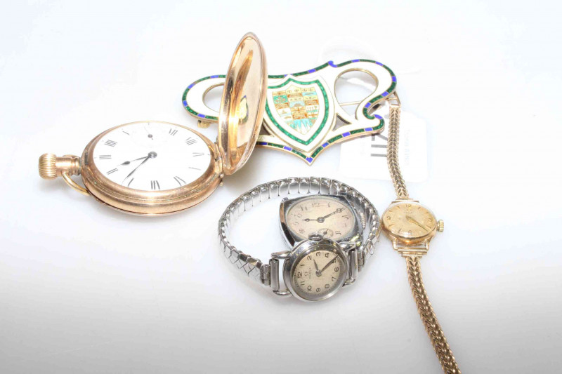 Lady's Omega 9 carat gold wristwatch, gold plated hunter pocket watch, Sterling silver and enamel pin, Omega white metal watch and a vintage watch without straps
