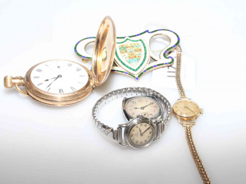 Lady's Omega 9 carat gold wristwatch, gold plated hunter pocket watch,...