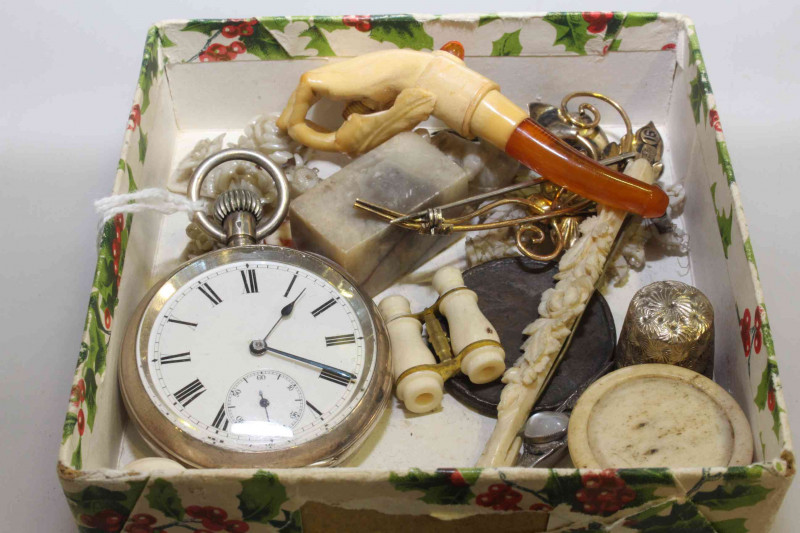 Silver pocket watch, meerschaum pipe, 19th Century bone pill box, etc
