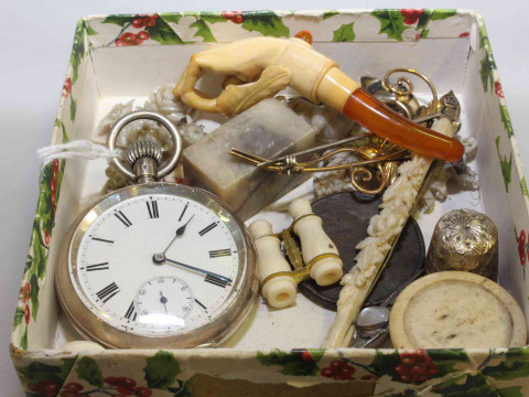 Silver pocket watch, meerschaum pipe, 19th Century bone pill box, etc