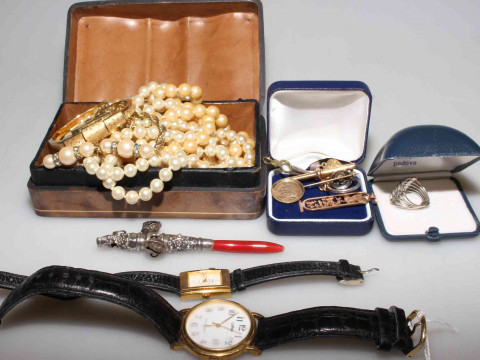 Two watches, faux pearls, concealed bangle watch, baby's rattle