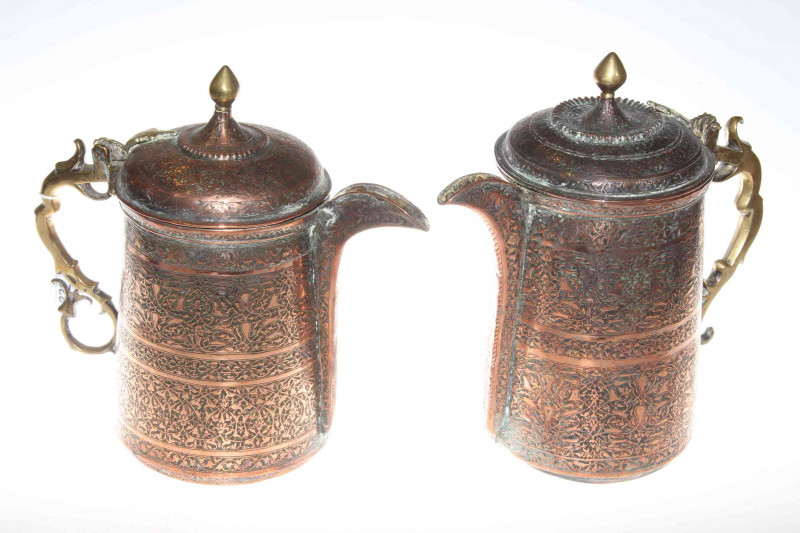 Pair of Persian copper lidded vessels