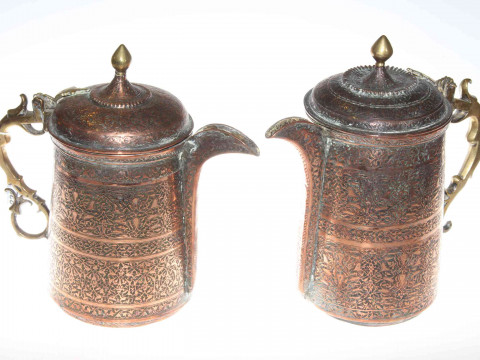 Pair of Persian copper lidded vessels