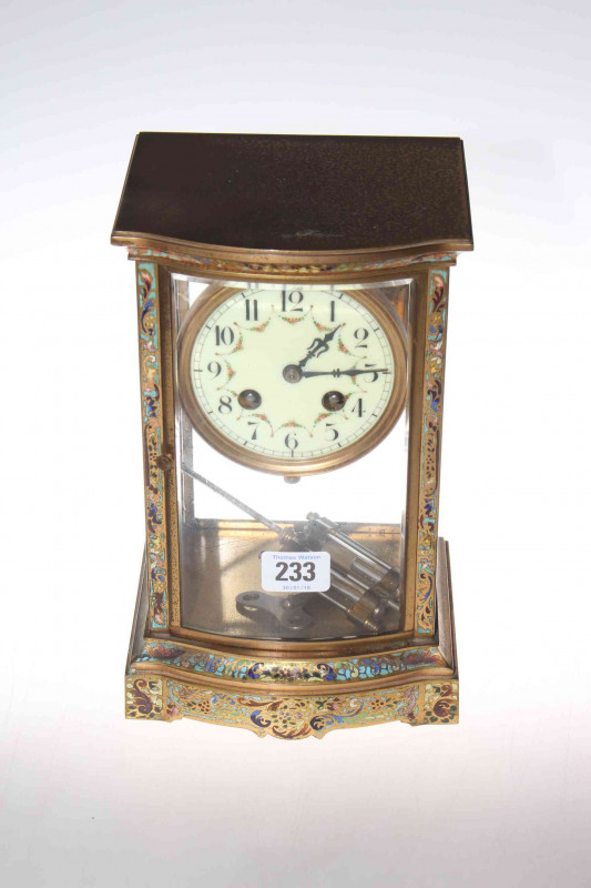 Enamel decorated and brass four-glass mantel clock, circa 1900