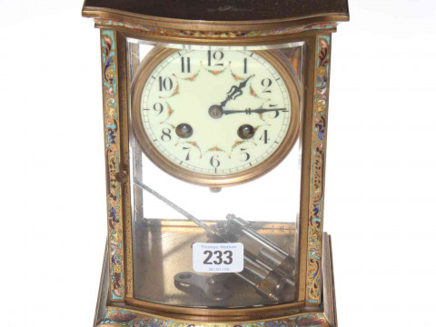 Enamel decorated and brass four-glass mantel clock, circa 1900