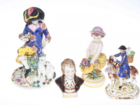 Three porcelain figures in 18th Century style and a porcelain bust of...