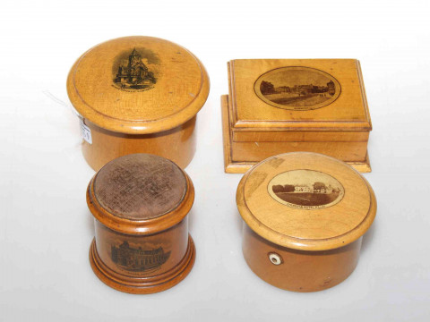Mauchline Ware: two circular boxes, Burns Monument, Kilmarnock, and Church...