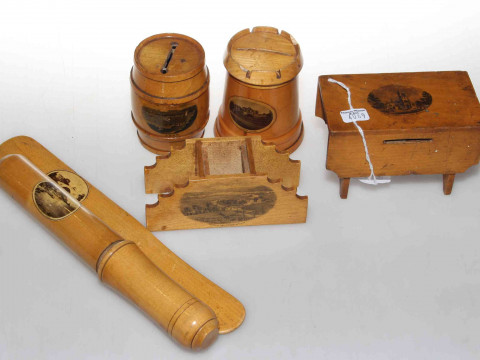 Mauchlineware: Stool-form money box, Old Parish Church, Kendal; inkwell,...
