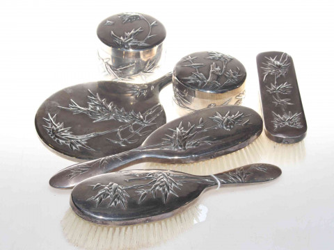 Chinese silver six-piece dressing table set by Wang Hing