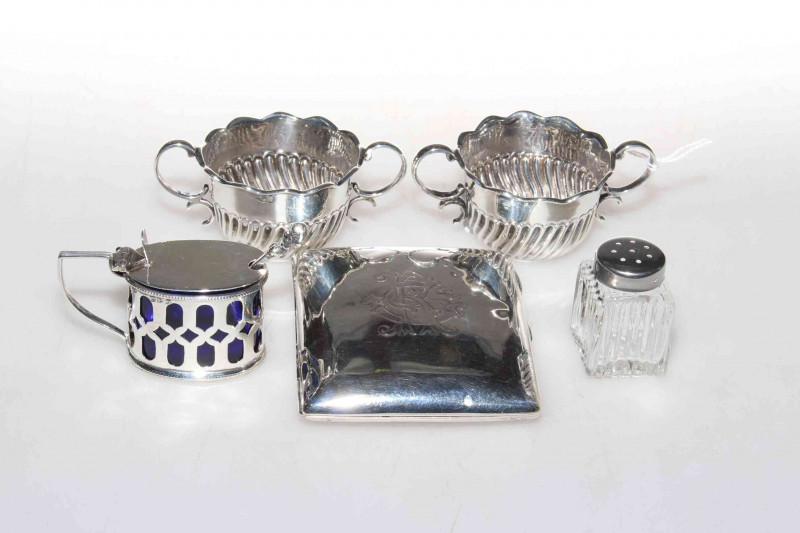 Silver cigarette case, pair of silver open salts, etc