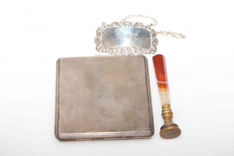 Silver port label, silver cigarette case and a seal (3)
