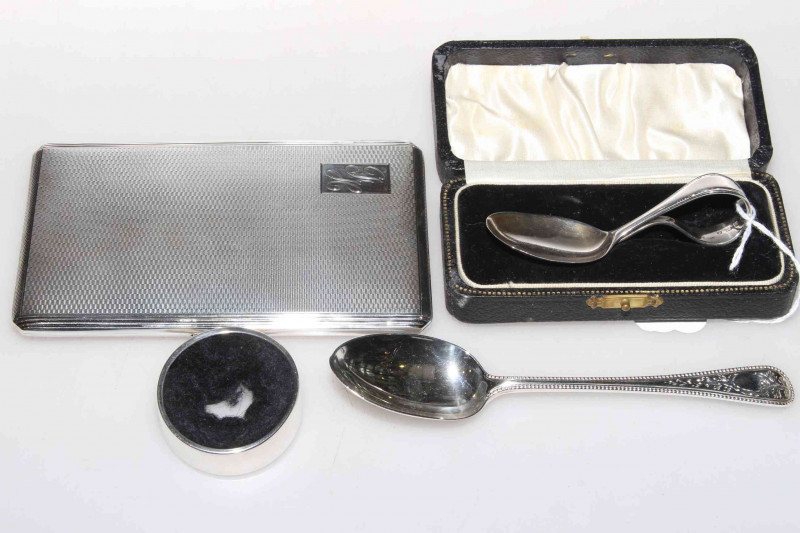 Heavy silver cigarette case, Victorian silver spoon, child's silver spoon and a silver napkin ring (4) cigarette case 6.9oz