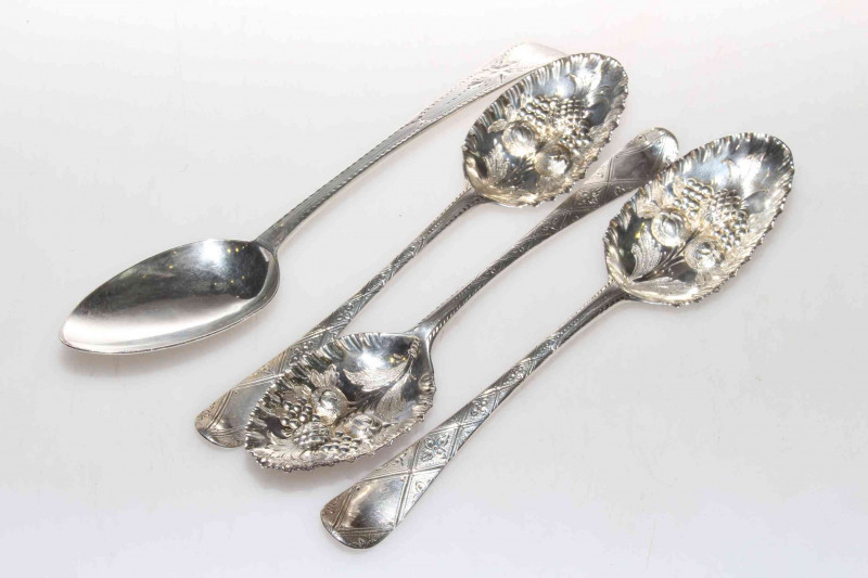 Three Georgian silver later decorated berry spoons and a bright-cut spoon, engraved JS/WT 1798 (4) 6.5oz gross