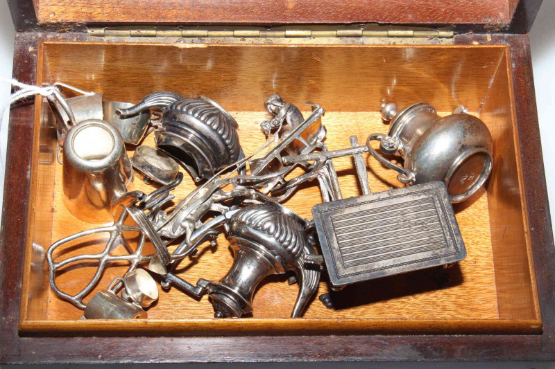 Box of silver and plated miniatures including Berthold Muller silver model of a reindeer pulling a child on sledge