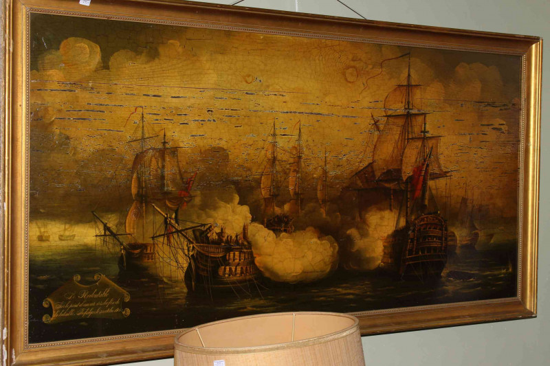 Large and highly decorative marine battle scene, framed overall 67.5cm by 128cm