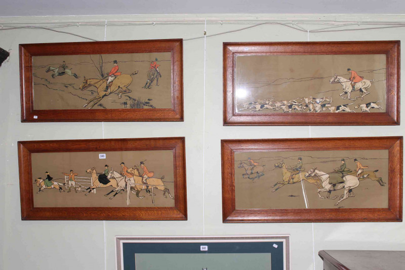 Set of four early 20th Century hunting prints in oak frames