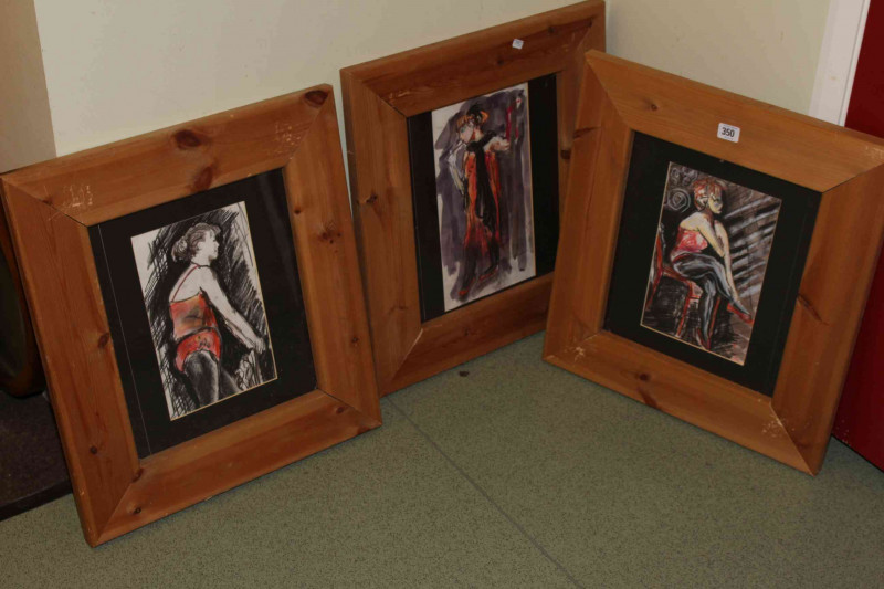 Three watercolour studies of women, framed