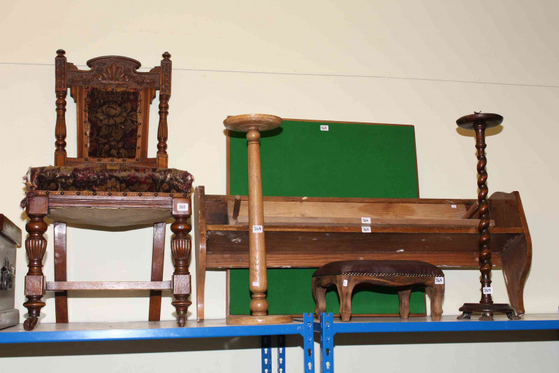 Victorian oak side chair, folding bridge table, two wall racks, stool, smokers stand and plant stand (7)