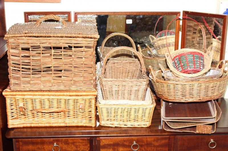Vintage trunk, hampers, baskets and correspondence trays and angle poise lamp