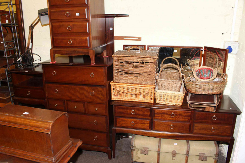 Stag Minstrel six piece bedroom suite comprising triple mirror dressing table, seven drawer chest, four drawer pedestal chest, two bedside tables and headboard