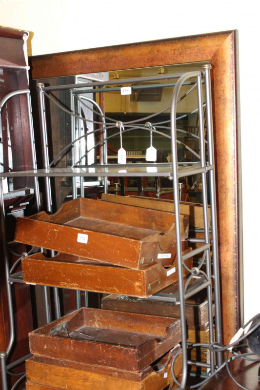 Contemporary metal and glass shelf unit, pair chrome finish glass side tables and large framed wall mirror (4)