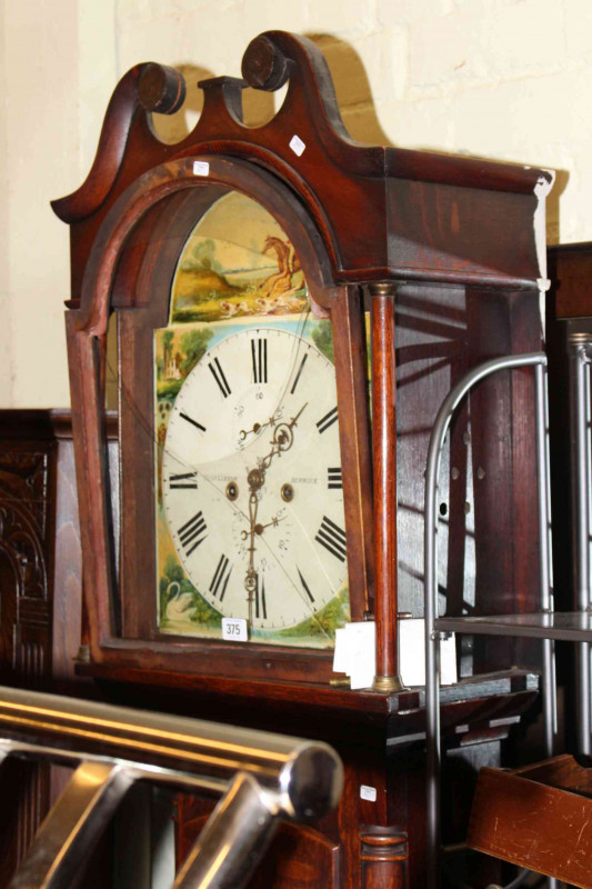 Antique oak eight day longcase clock having painted arched dial, Thos Gibson, Berwick
