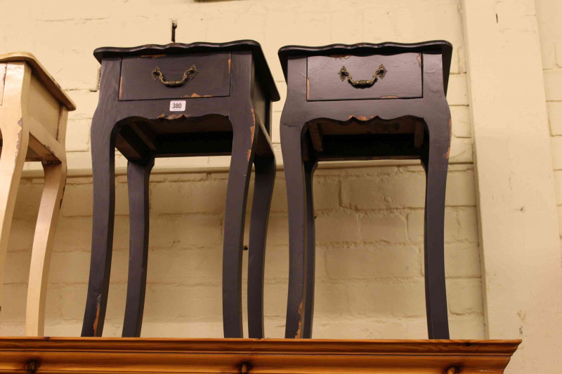 Pair black painted single drawer bedside tables
