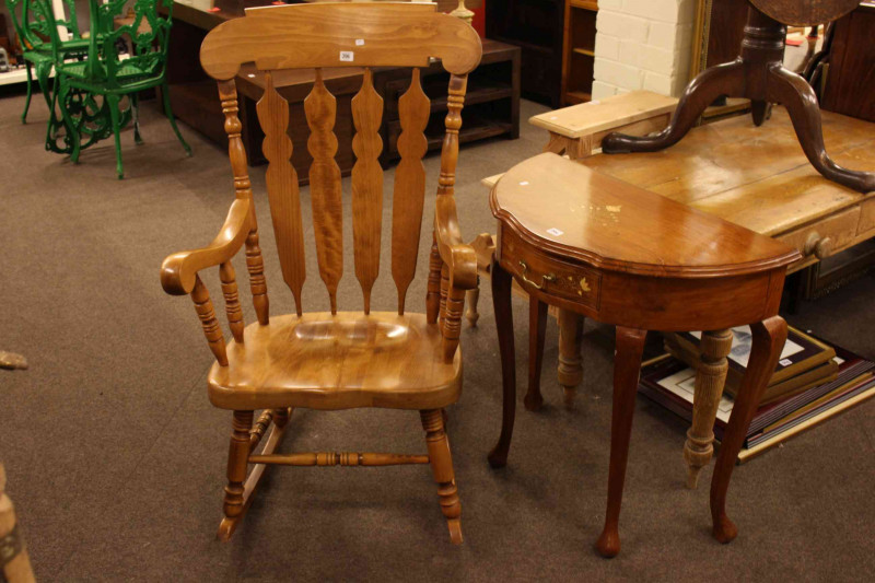 Rocking chair, brass inlaid side table and seven various pictures (9)